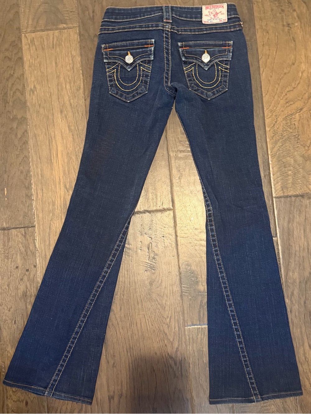 True Religion Dark Blue Flare Jeans with Signature Pocket Stitching